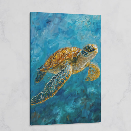 Sea Turtle Swimming in the Ocean. Portrait Canvas Art on gallery wrap