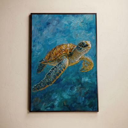 Sea Turtle Swimming in the Ocean. Portrait Canvas Art in dark walnut floating frame