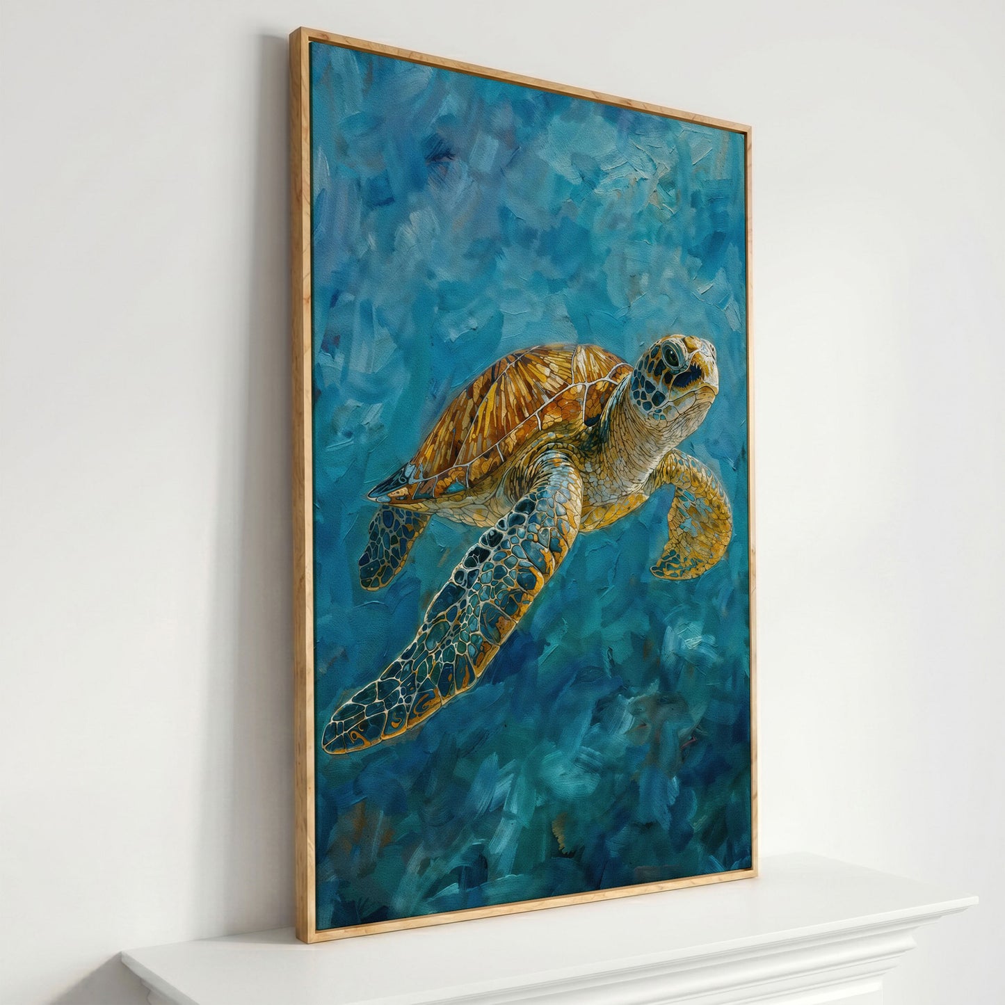 Sea Turtle Swimming in the Ocean. Portrait Canvas Art in white oak floating frame