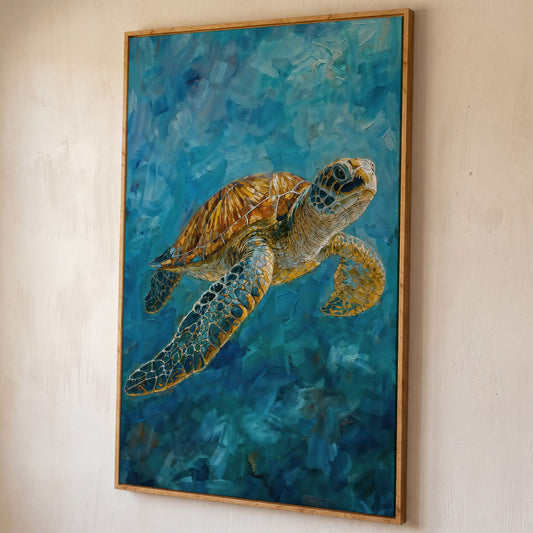 Sea Turtle Swimming in the Ocean. Portrait Canvas Art shown in white oak floating frame