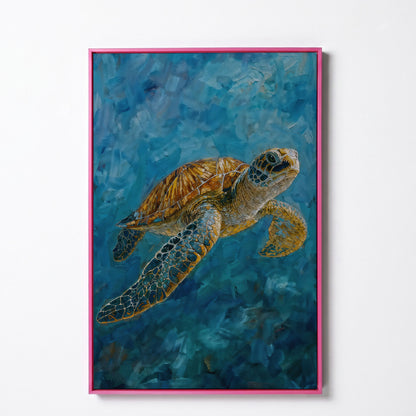 Sea Turtle Swimming in the Ocean. Portrait Canvas Art in pink floating frame