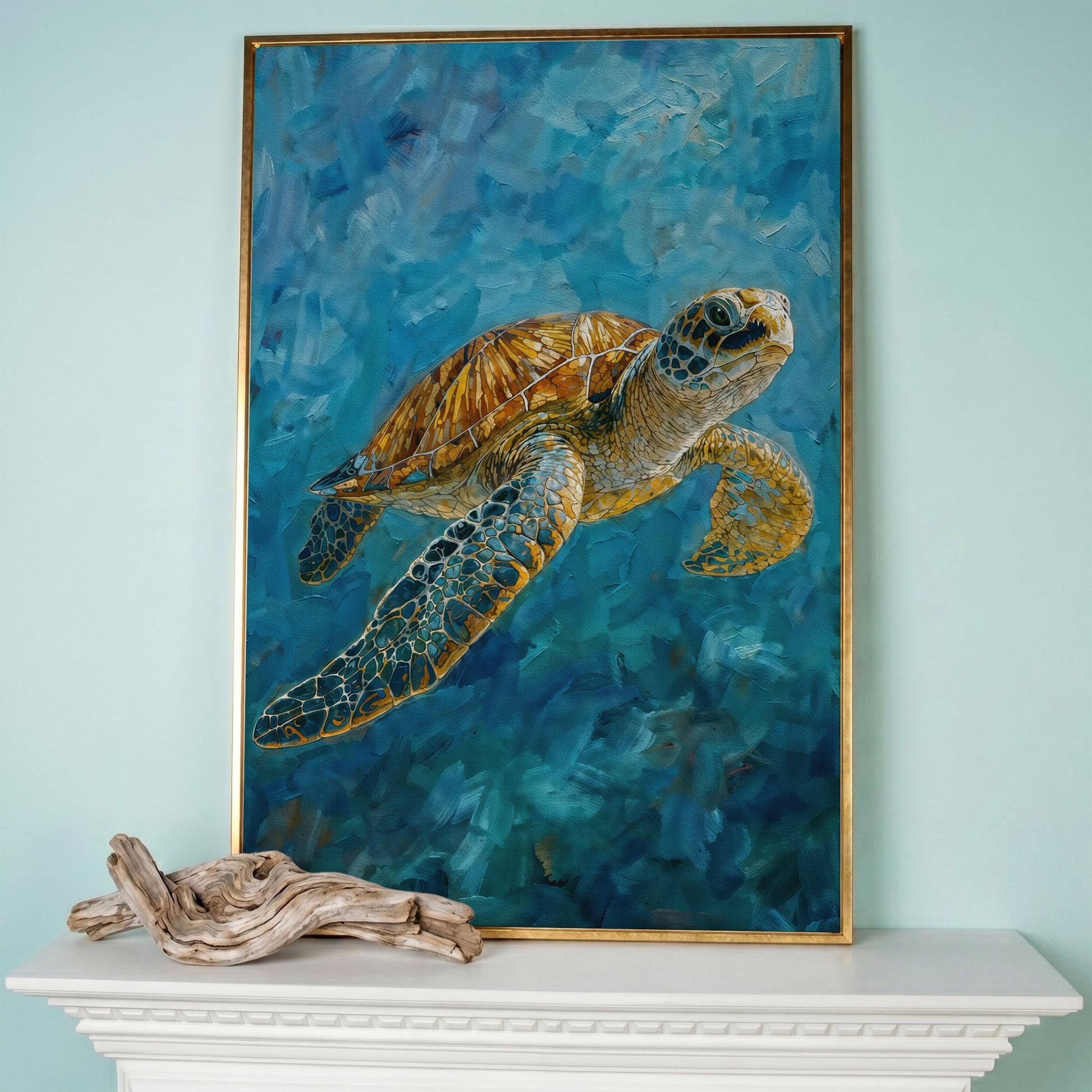 Sea Turtle Swimming in the Ocean. Portrait Canvas Art in rose gold floating frame
