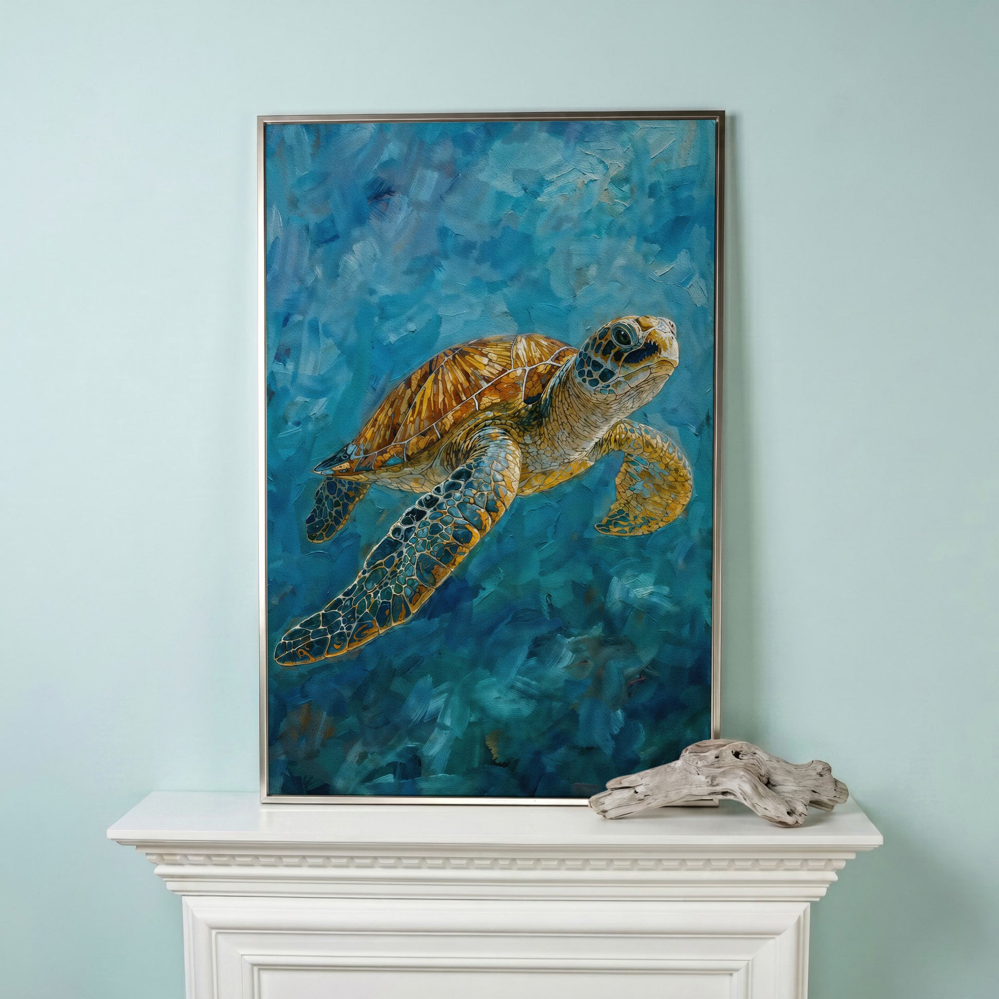 Sea Turtle Swimming in the Ocean. Portrait Canvas Art in silver floating frame