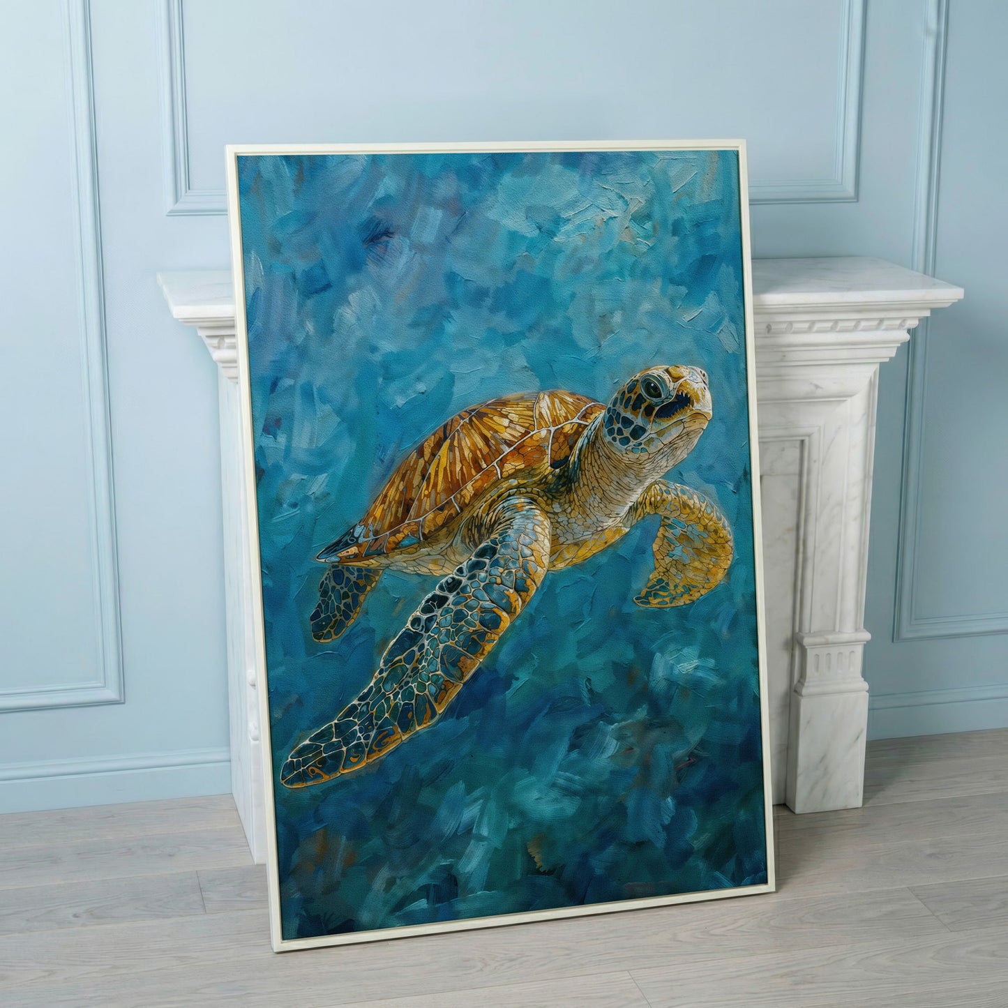 Sea Turtle Swimming in the Ocean. Portrait Canvas Art in white floating frame