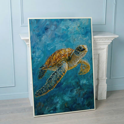 Sea Turtle Swimming in the Ocean. Portrait Canvas Art in white floating frame