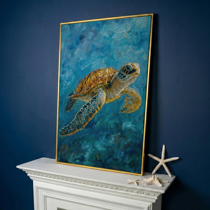 Sea Turtle Swimming in the Ocean. Portrait Canvas Art in yellow gold floating frame