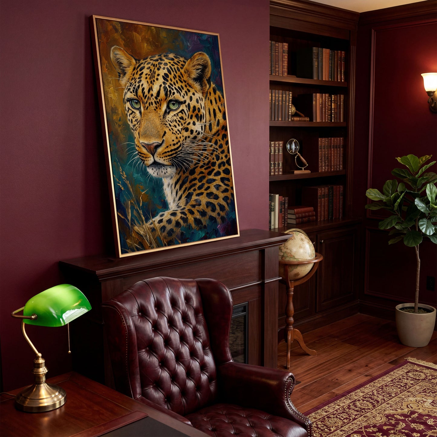 Leopard Close-Up Portrait Canvas Wall Art in antique gold floating frame