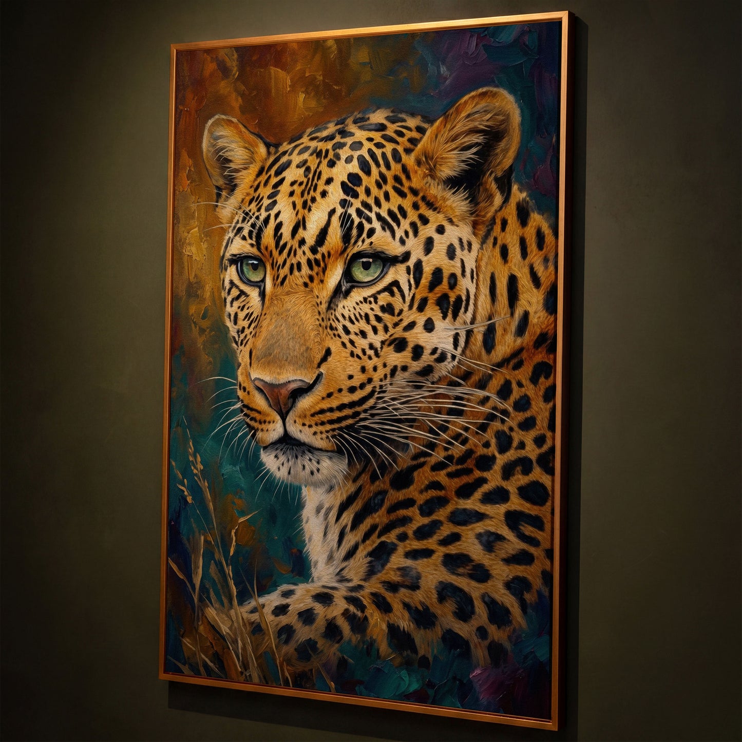 Leopard Close-Up Portrait Canvas Wall Art shown in antique gold floating frame