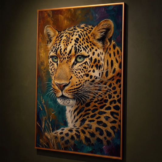 Leopard Close-Up Portrait Canvas Wall Art shown in antique gold floating frame