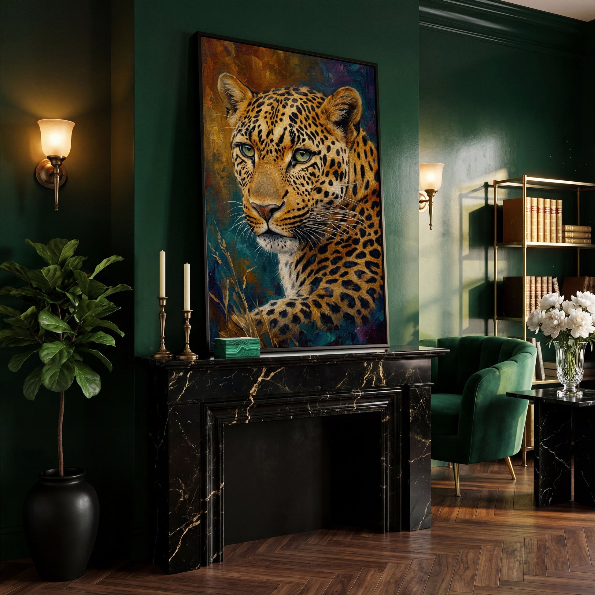Leopard Close-Up Portrait Canvas Wall Art in black floating frame