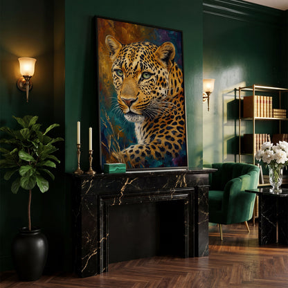 Leopard Close-Up Portrait Canvas Wall Art in black floating frame