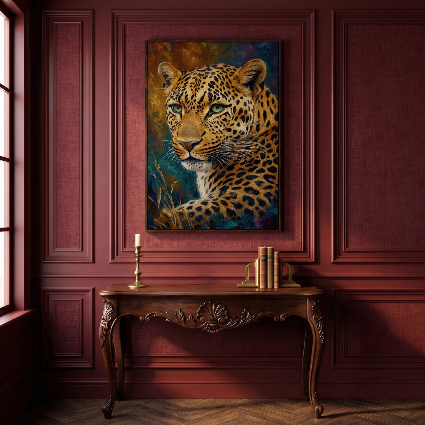 Leopard Close-Up Portrait Canvas Wall Art in dark walnut floating frame