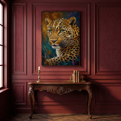 Leopard Close-Up Portrait Canvas Wall Art in dark walnut floating frame
