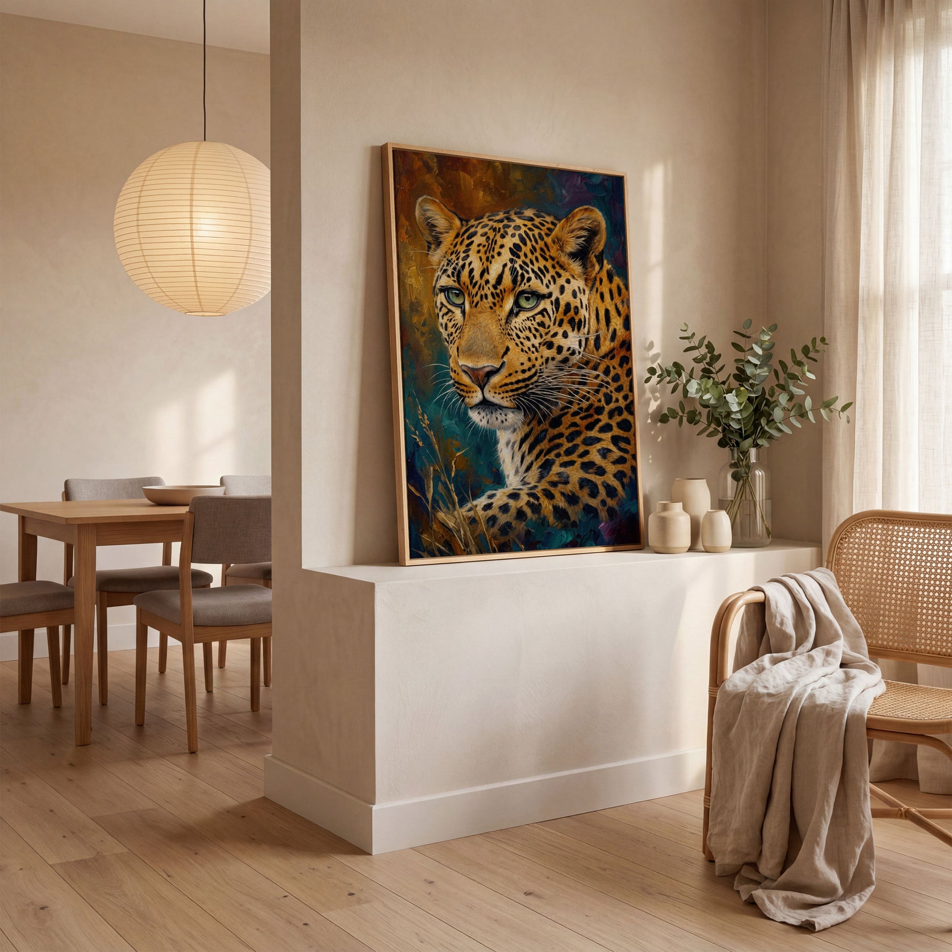 Leopard Close-Up Portrait Canvas Wall Art in white oak floating frame