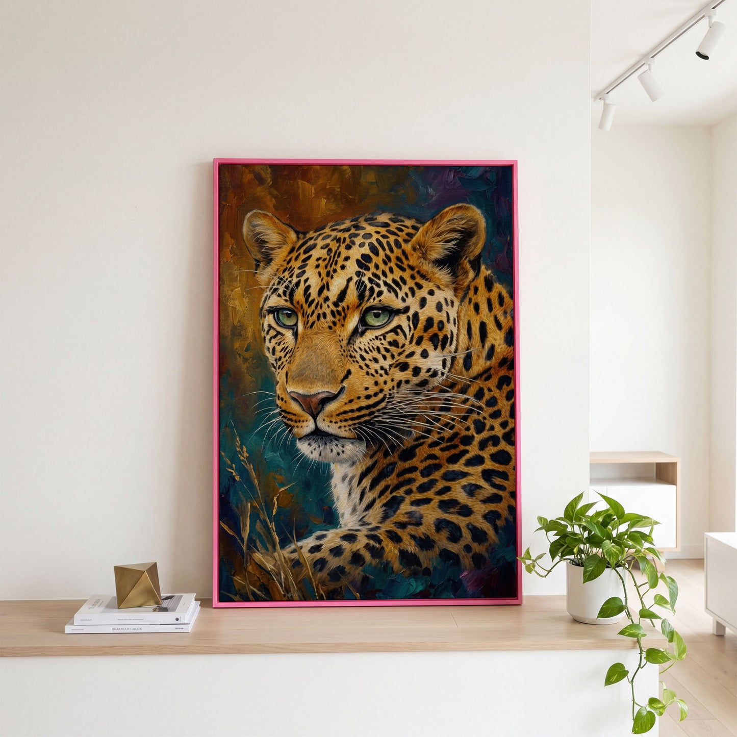 Leopard Close-Up Portrait Canvas Wall Art in pink floating frame
