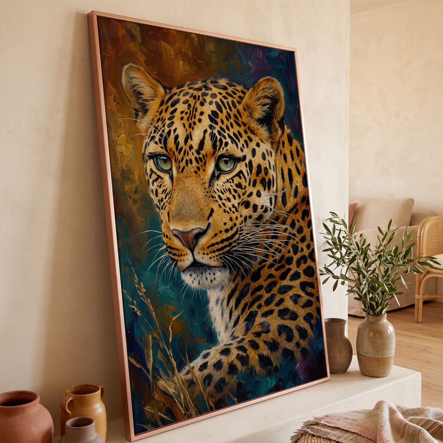 Leopard Close-Up Portrait Canvas Wall Art in rose gold floating frame