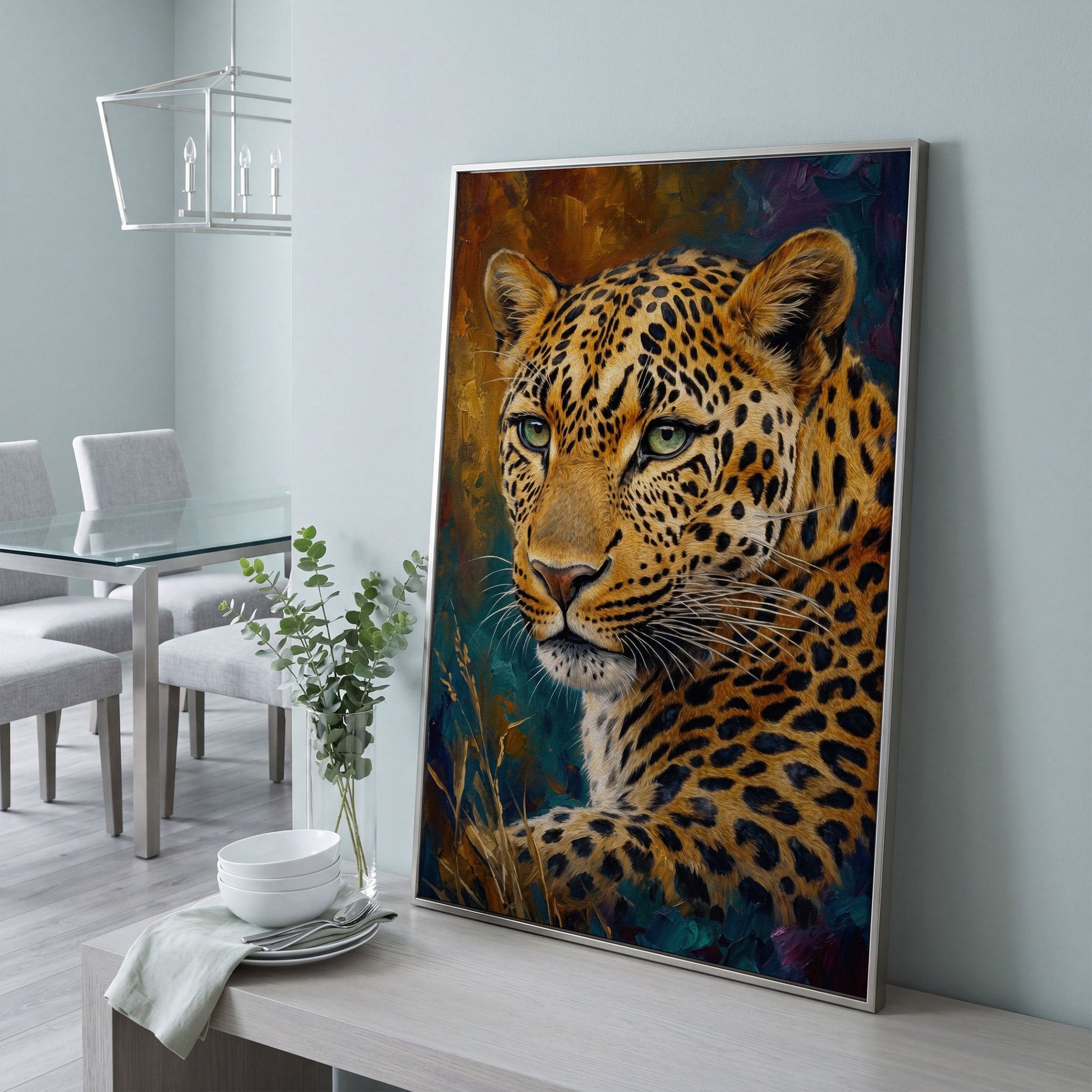 Leopard Close-Up Portrait Canvas Wall Art in silver floating frame