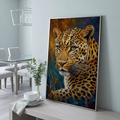 Leopard Close-Up Portrait Canvas Wall Art in silver floating frame