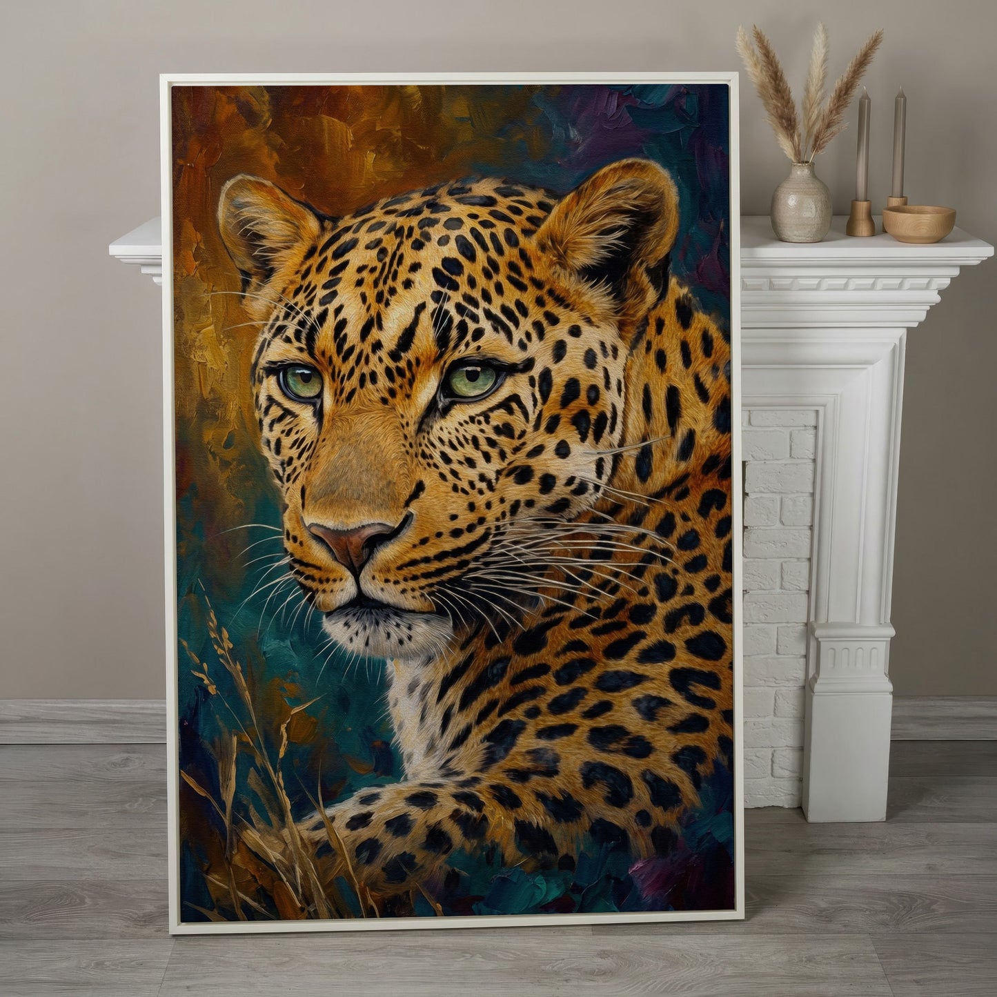Leopard Close-Up Portrait Canvas Wall Art in white floating frame