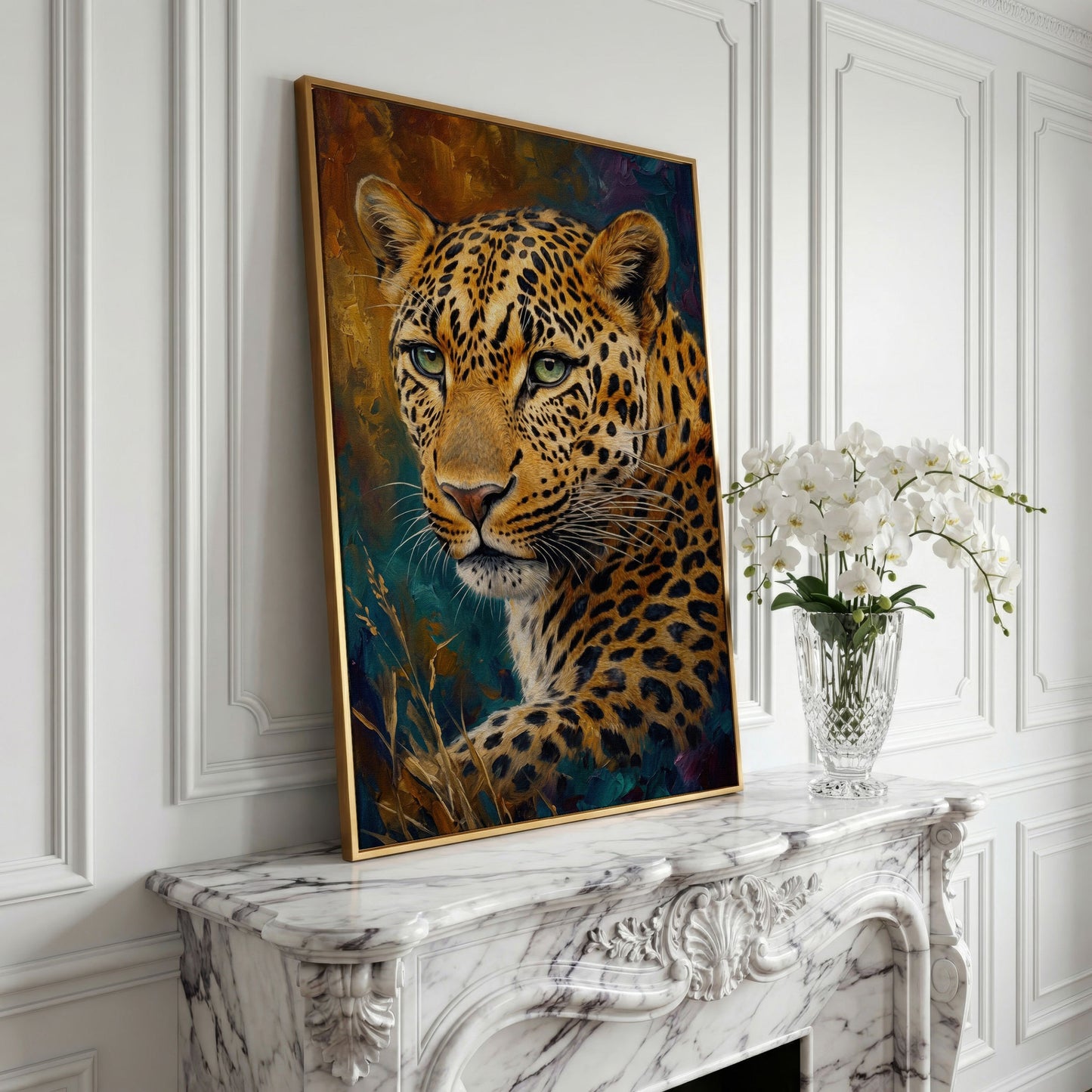 Leopard Close-Up Portrait Canvas Wall Art in yellow gold floating frame