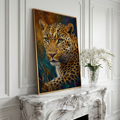Leopard Close-Up Portrait Canvas Wall Art in yellow gold floating frame