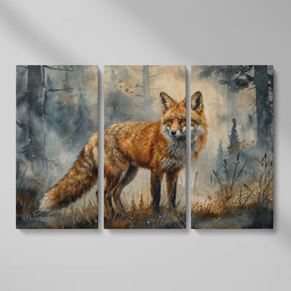 Fox Portrait in the Forest, Canvas Wall Art as 3-panel split version