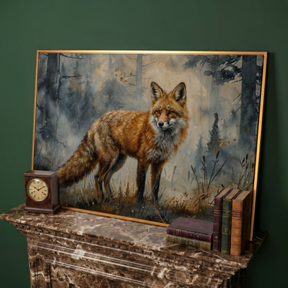 Fox Portrait in the Forest, Canvas Wall Art in antique gold floating frame