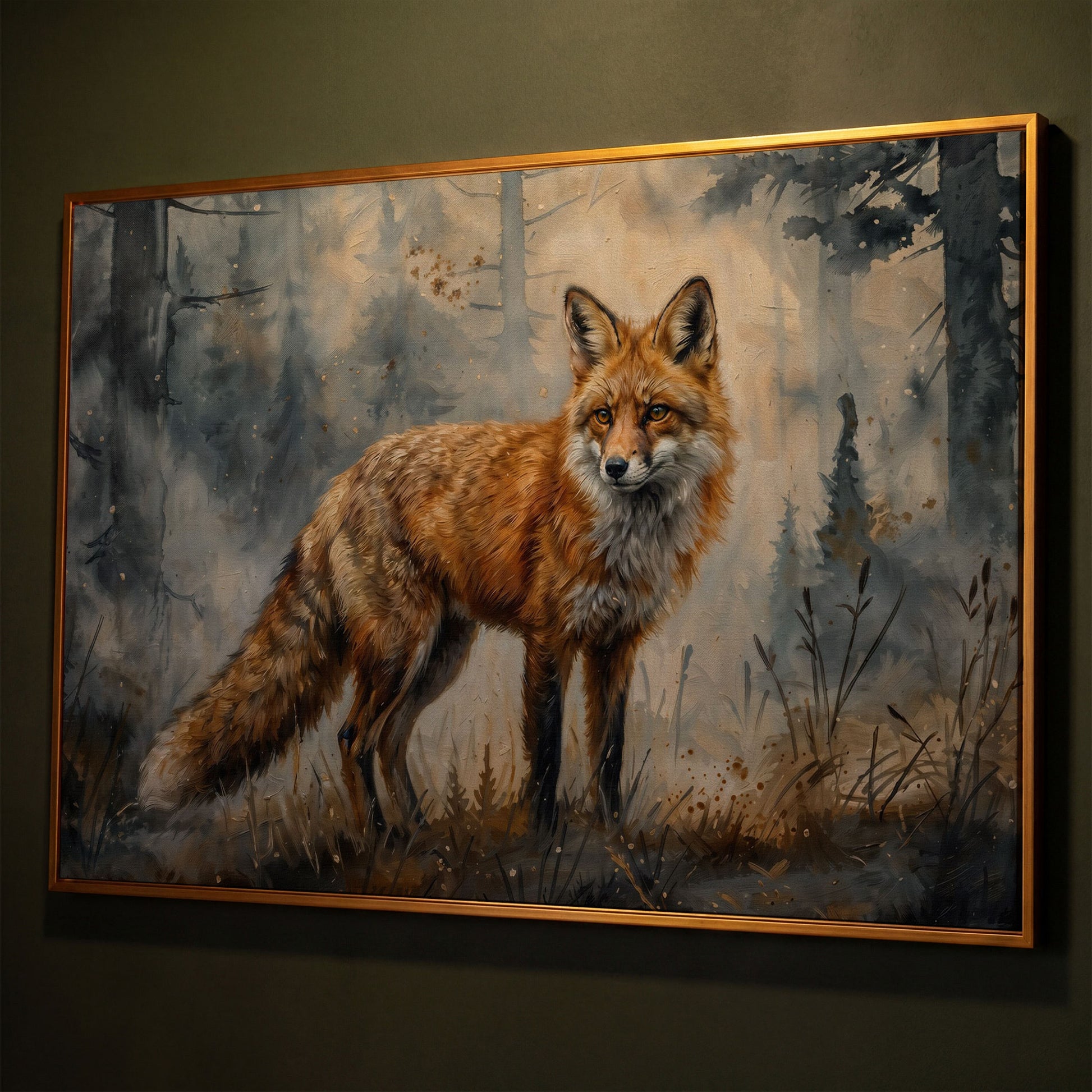 Fox Portrait in the Forest, Canvas Wall Art shown in antique gold floating frame