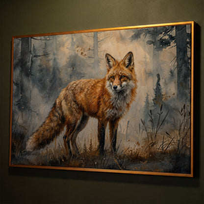Fox Portrait in the Forest, Canvas Wall Art shown in antique gold floating frame