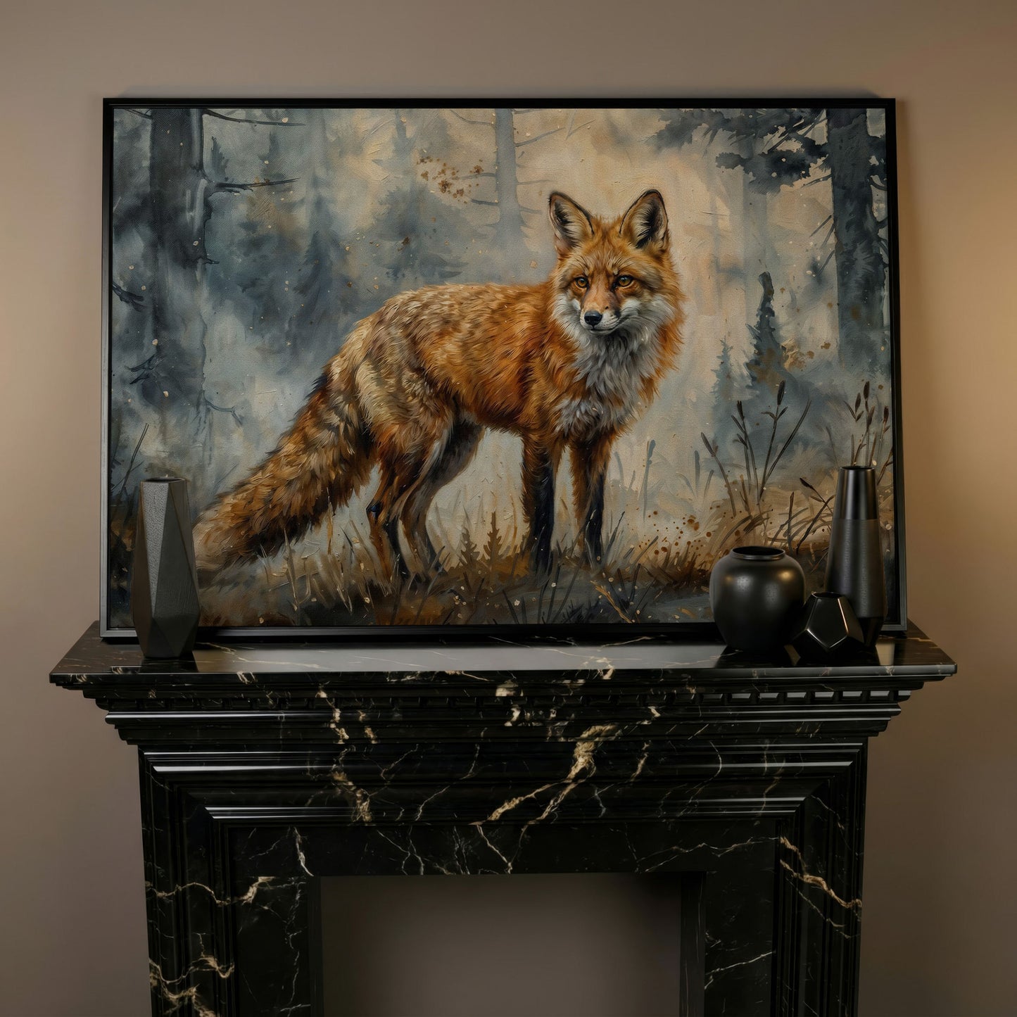 Fox Portrait in the Forest, Canvas Wall Art in black floating frame