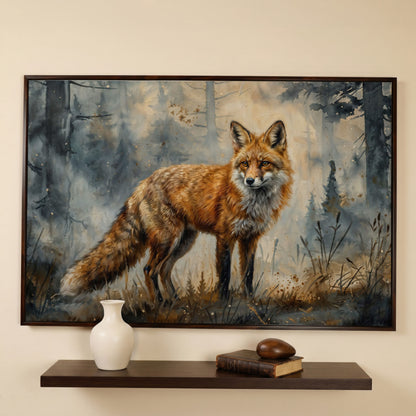Fox Portrait in the Forest, Canvas Wall Art in dark walnut floating frame
