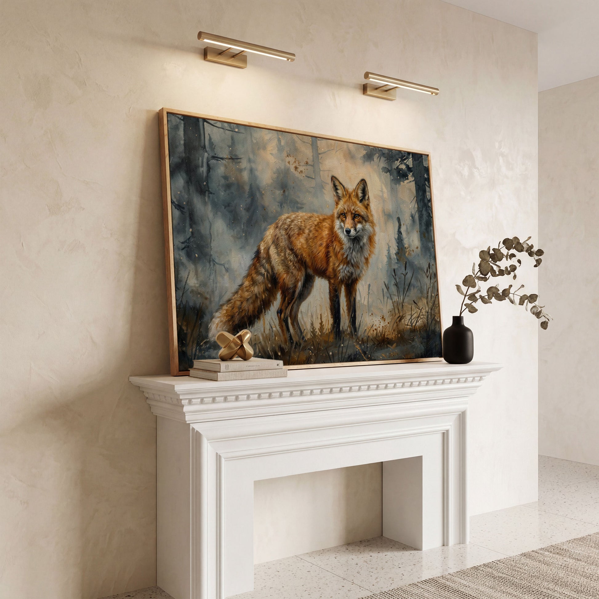 Fox Portrait in the Forest, Canvas Wall Art in white oak floating frame