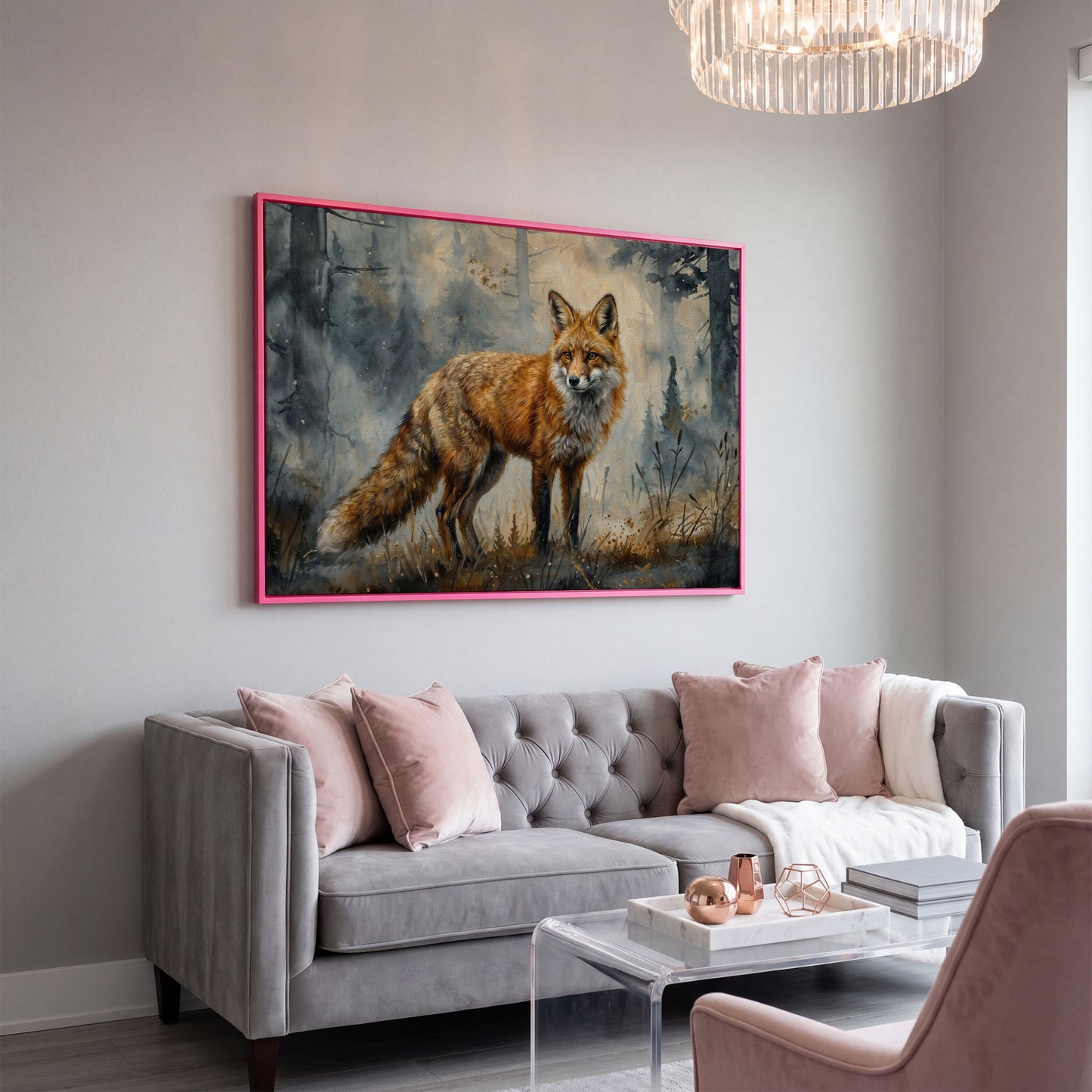 Fox Portrait in the Forest, Canvas Wall Art in pink floating frame