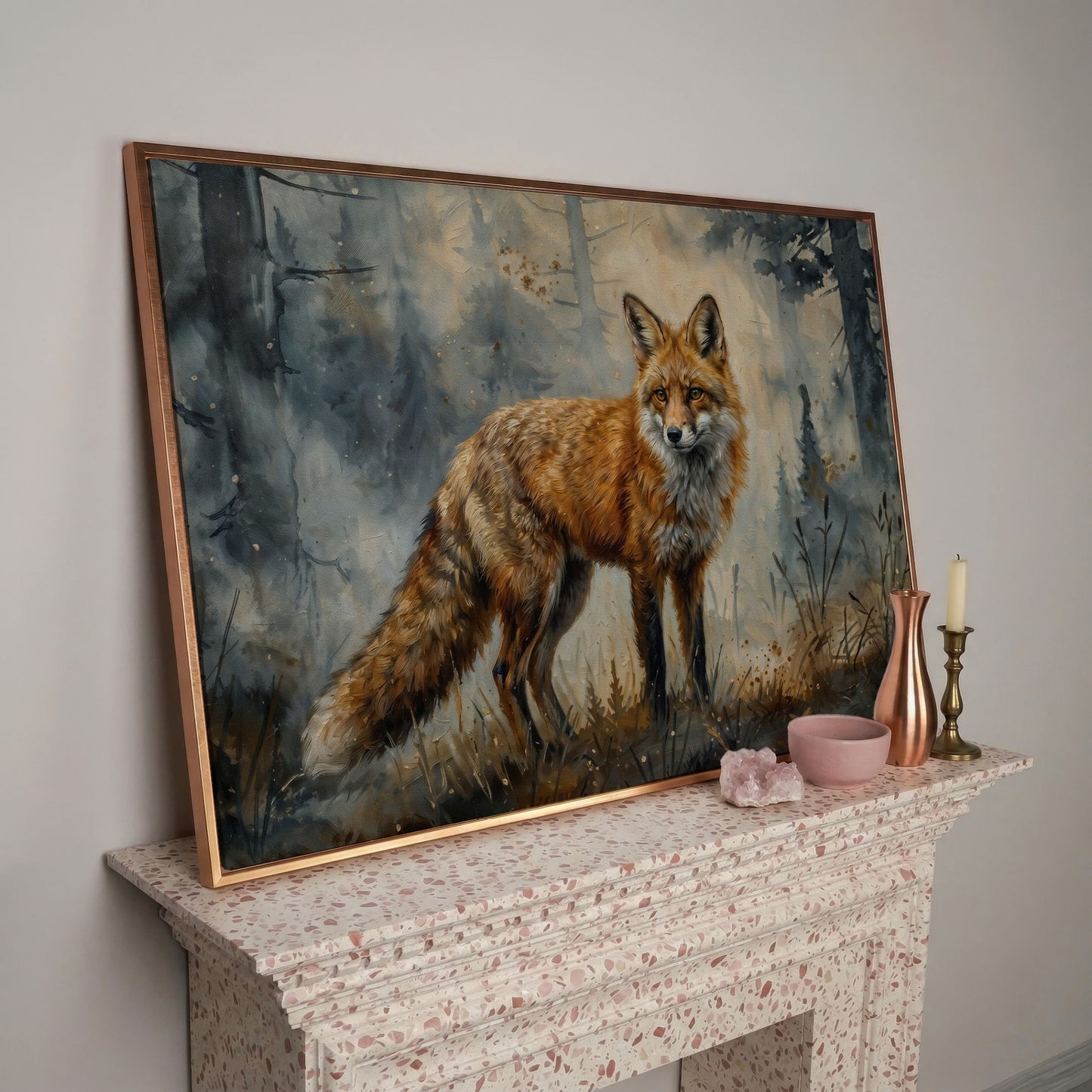 Fox Portrait in the Forest, Canvas Wall Art in rose gold floating frame