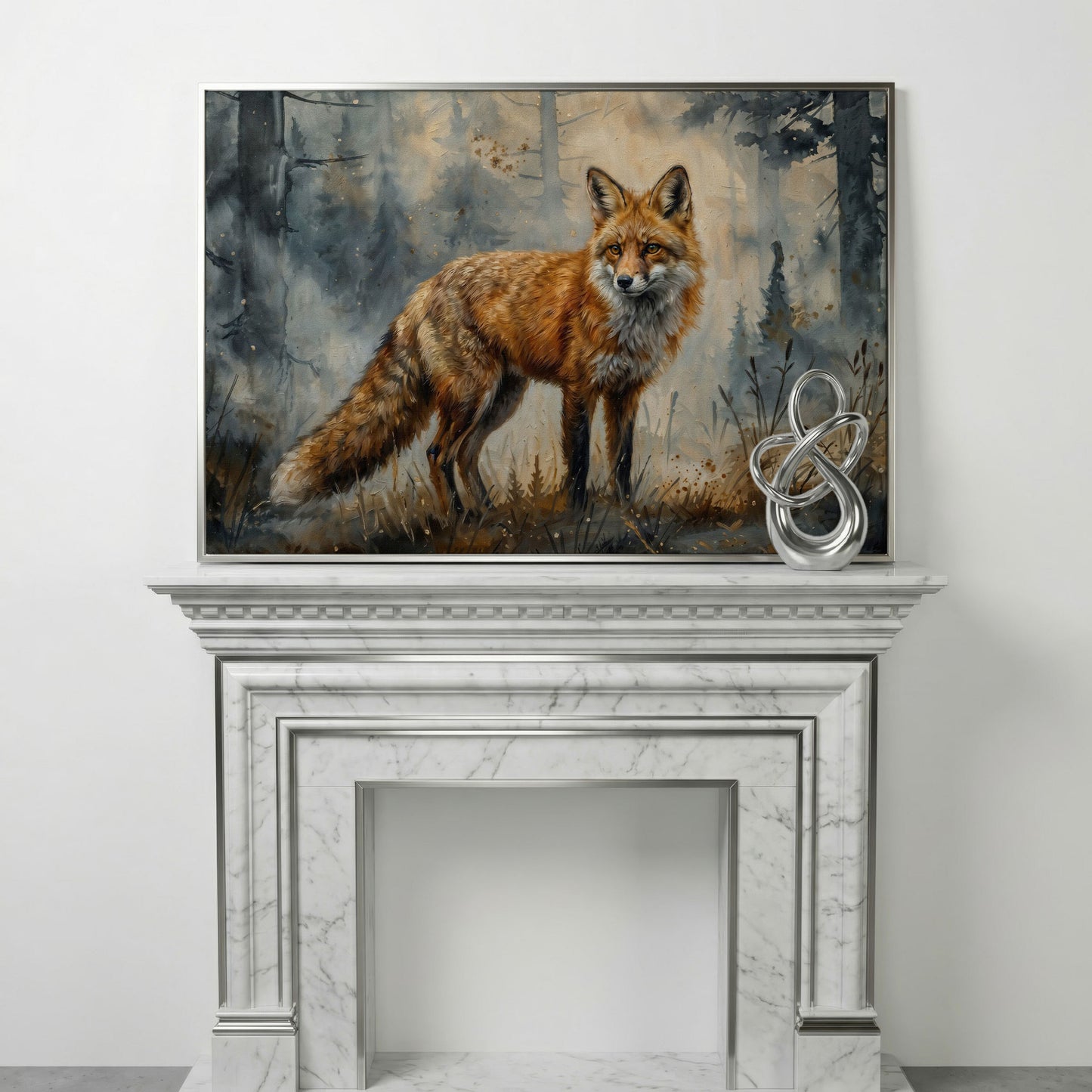 Fox Portrait in the Forest, Canvas Wall Art in silver floating frame