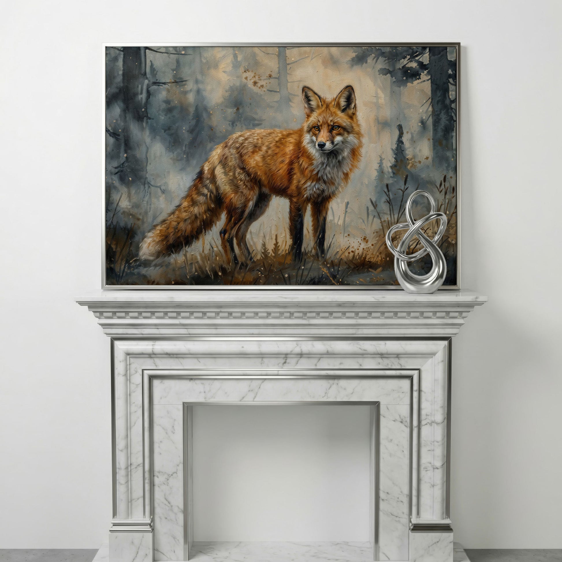 Fox Portrait in the Forest, Canvas Wall Art in silver floating frame