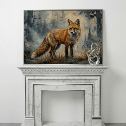 Fox Portrait in the Forest, Canvas Wall Art in silver floating frame