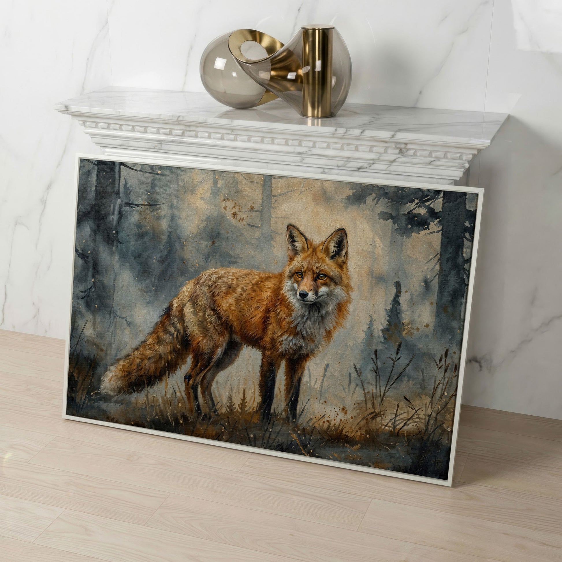 Fox Portrait in the Forest, Canvas Wall Art in white floating frame