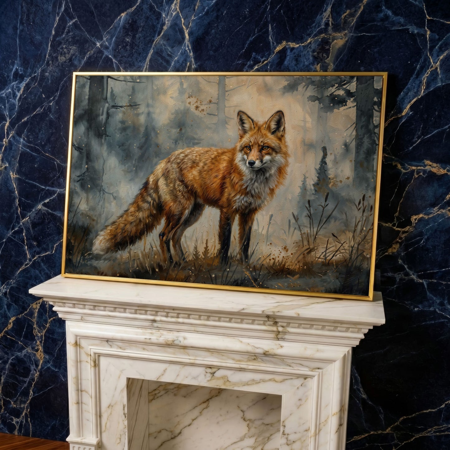 Fox Portrait in the Forest, Canvas Wall Art in yellow gold floating frame
