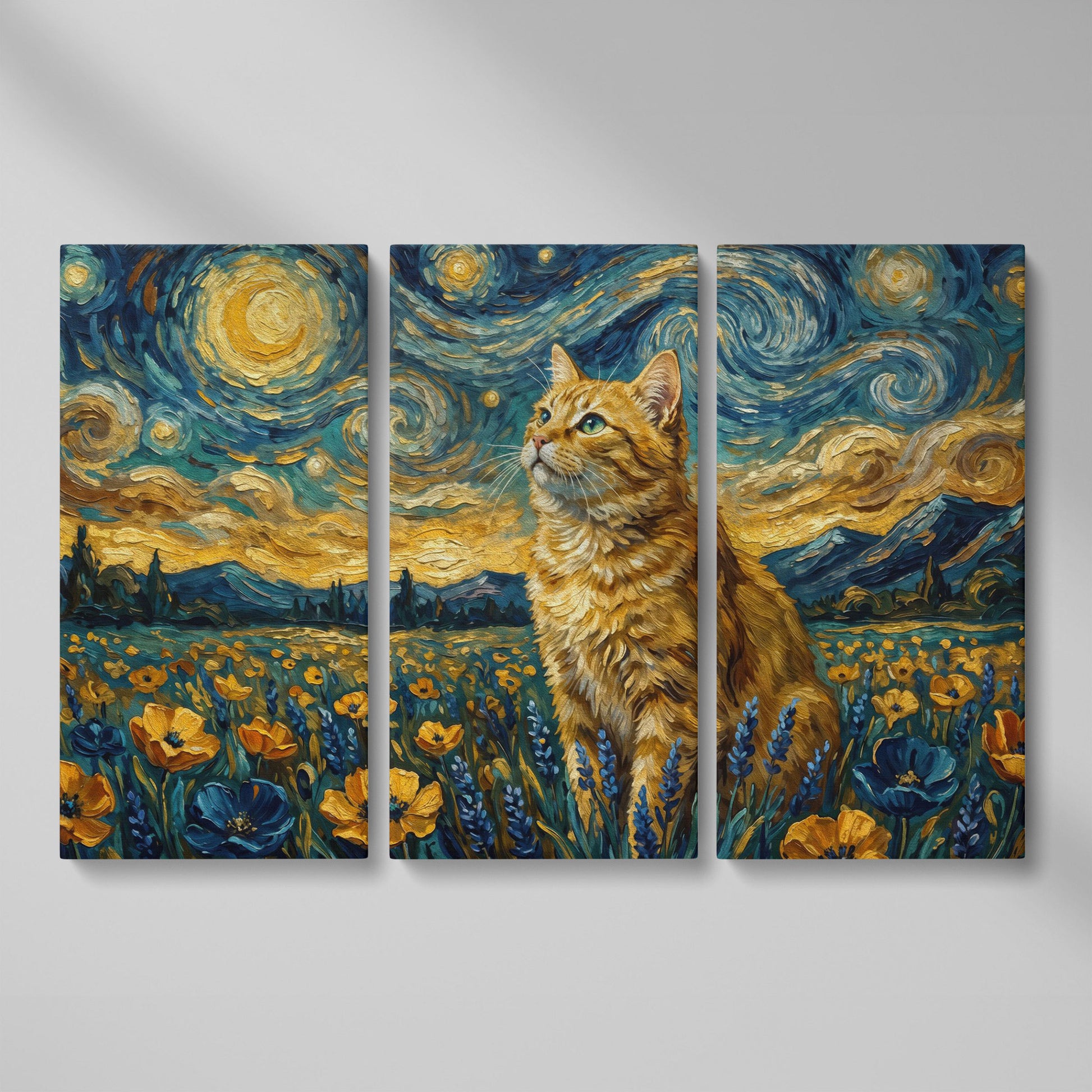 Golden Tabby Cat in a Starry Night Flower Field Canvas Art as 3-panel split version