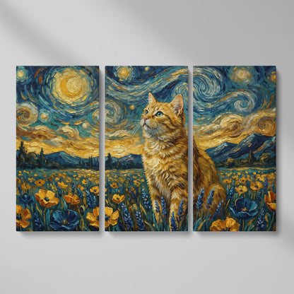 Golden Tabby Cat in a Starry Night Flower Field Canvas Art as 3-panel split version
