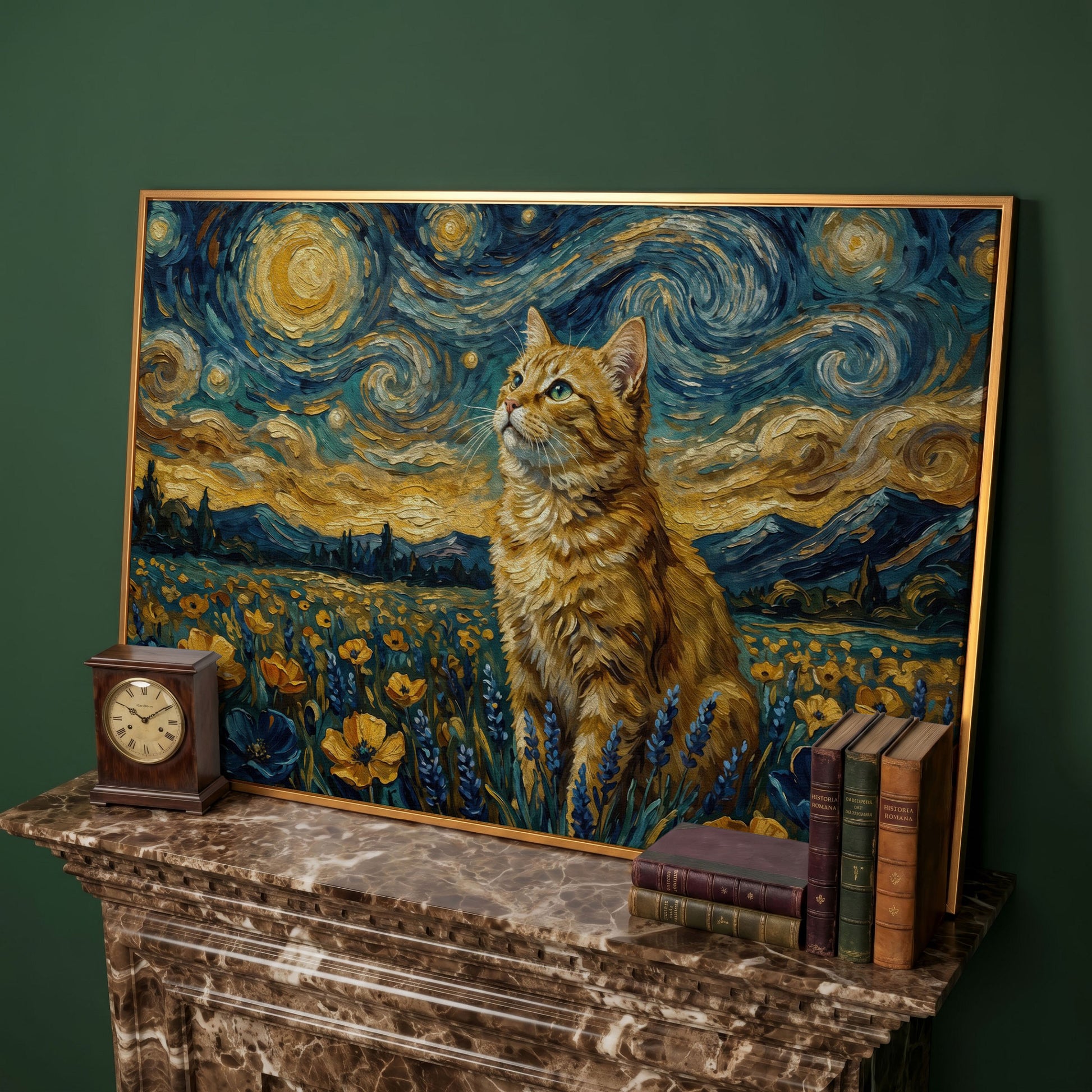 Golden Tabby Cat in a Starry Night Flower Field Canvas Art in antique gold floating frame