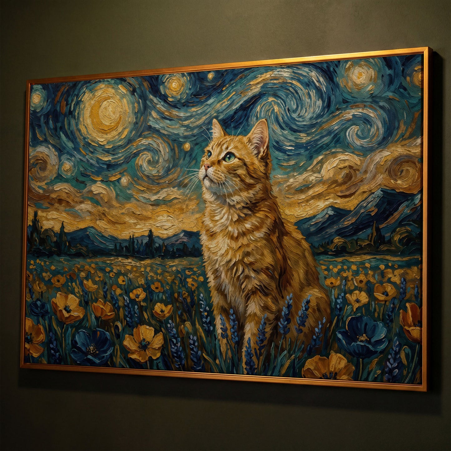 Golden Tabby Cat in a Starry Night Flower Field Canvas Art shown in antique gold floating frame