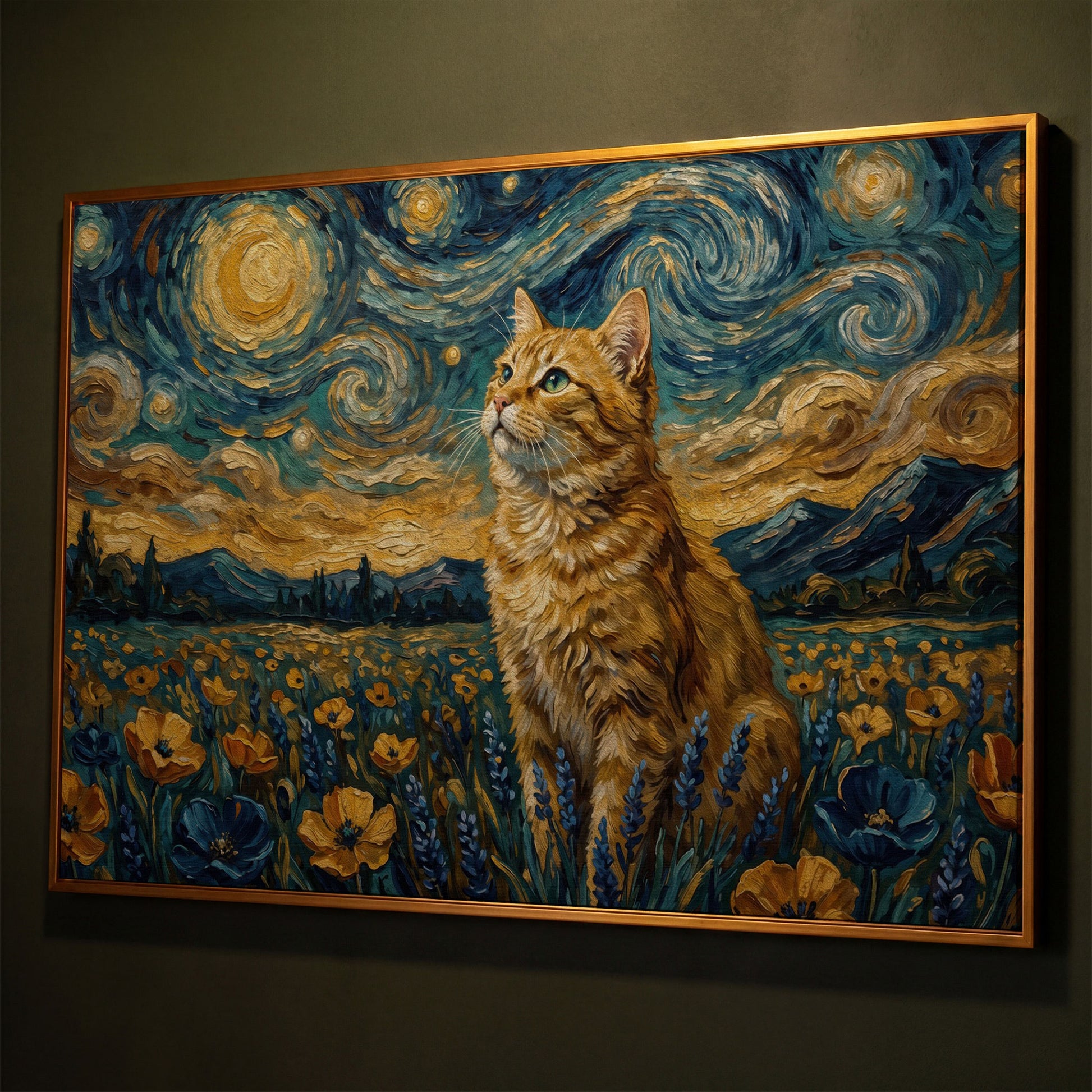 Golden Tabby Cat in a Starry Night Flower Field Canvas Art shown in antique gold floating frame