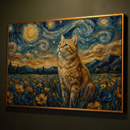 Golden Tabby Cat in a Starry Night Flower Field Canvas Art shown in antique gold floating frame