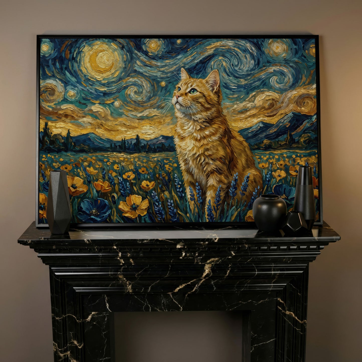 Golden Tabby Cat in a Starry Night Flower Field Canvas Art in black floating frame
