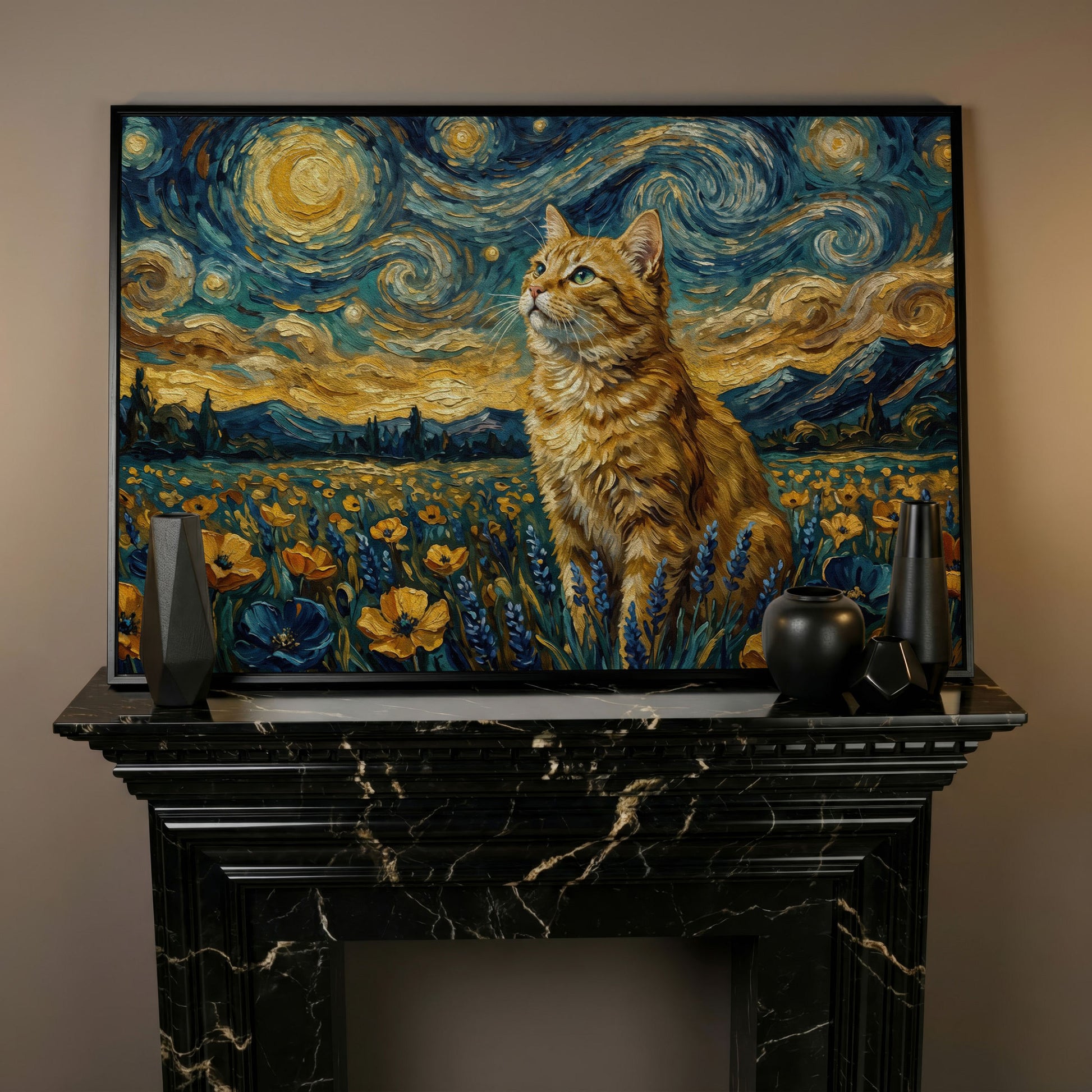 Golden Tabby Cat in a Starry Night Flower Field Canvas Art in black floating frame