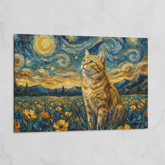 Golden Tabby Cat in a Starry Night Flower Field Canvas Art on gallery wrap