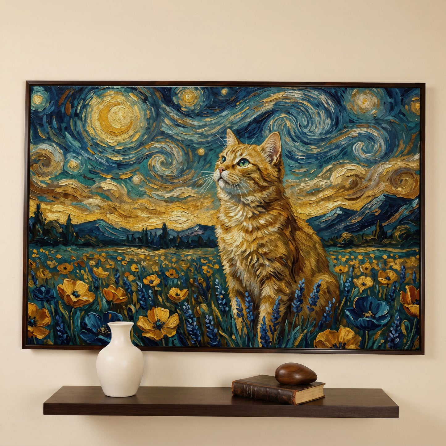 Golden Tabby Cat in a Starry Night Flower Field Canvas Art in dark walnut floating frame