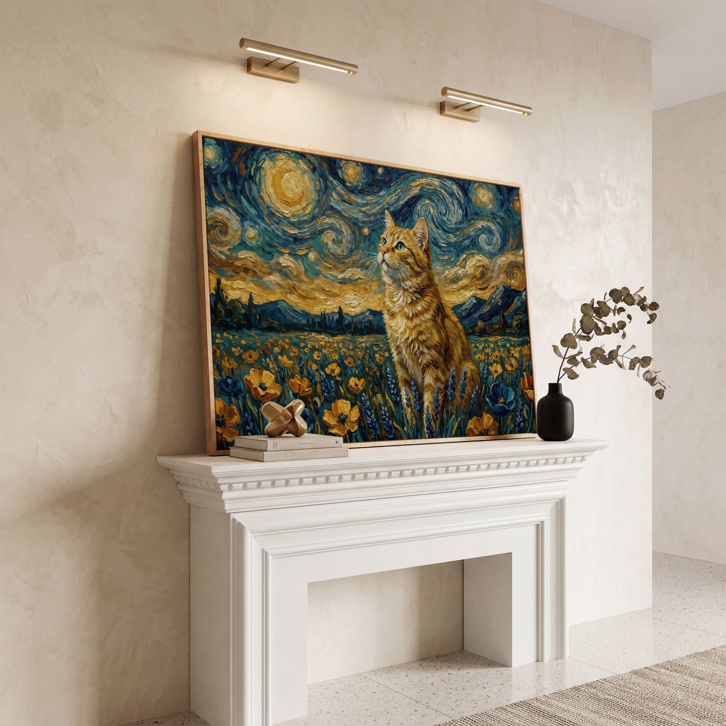 Golden Tabby Cat in a Starry Night Flower Field Canvas Art in white oak floating frame